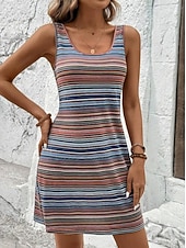 preiswerte Streifen- und geometrische Kleider-Damen Minikleid Lässiges Kleid Tanktop-Kleid Sommerkleid Urlaub Stylisch Klassisch Alltag Lässige Passform Grafik Streifen Ärmellos U-Ausschnitt Staubiges Blau Sommer