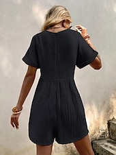 abordables grenouillère-Rompers pour femmes couleur unie manches courtes col en V poches vacances quotidien coupe régulière noir vert abricot été