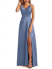 cheap Bridesmaid Dresses-A-Line Bridesmaid Dress V Neck / Spaghetti Strap Sleeveless Elegant Floor Length Satin with Split Front / Ruching