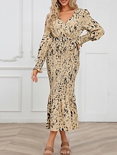 preiswerte abendkleider-Damen Midikleid Cocktailkleid Etui-Kleid Mode Urlaub Ferien Teegesellschaft Normale Passform Leopard Langarm V Ausschnitt Schwarz Khaki Aprikose Sommer
