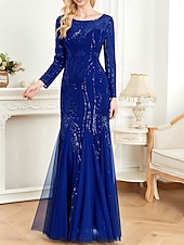 economico NERO-Abito madre della sposa abito elegante festa collo a giro lunghezza a terra cotone misto maniche lunghe con paillettes 2025