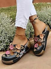 preiswerte Urlaubsandalen-Damen-Clogs aus geblümtem Leder – handgefertigte Slip-On-Pantoletten mit Keilabsatz und Cut-out-Design im Bohème-Stil für Freizeitkleidung und Komfort im Freien