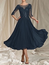 abordables Longueur du thé-Robe de mère de la mariée en A-Line pour invitée de mariage col rond élégant longueur thé chiffon tulle manches demi-longues avec perles appliqués robe midi
