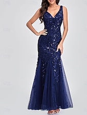 abordables Longueur du plancher-Sirène / Trompette Robes pour invités de mariage Élégant Robe robe demoiselle d honneur Longueur au sol Sans manches Col en V Dentelle avec Appliques 2025