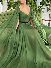 cheap GREEN-A-Line Evening Gown Elegant Dress Wedding Party Court Train Sleeveless V Neck Fall Wedding Guest Chiffon with Ruched