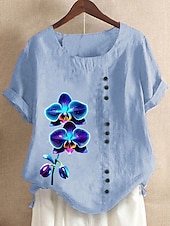 voordelige Overhemden-Dames 100% katoenen blouse bloemenprint vintage casual korte mouw ronde hals normale tops dagelijks uitgaan knopen print gras groen wit roze blauw paars zomer lente