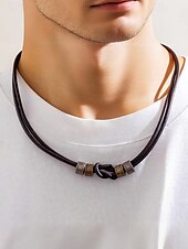 baratos Jóias Masculinas-conjunto de colar e pulseira de couro masculino – design de nó vintage com detalhes em metal, joias artesanais ajustáveis para estilo casual, motociclista e boho, perfeitas para uso diário e presentes