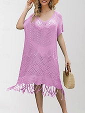 abordables Robes de plage-Maillots de bain pour femmes robe de nage maillot de bain découpé frange vacances vêtements de plage couleur unie col en V manches courtes maillots de bain