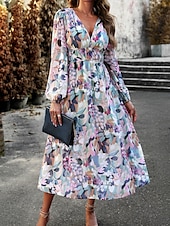 cheap Floral Dress-Women&#039;s Midi Dress A Line Dress Fit And Flare Dress Puff Sleeve Dress Vacation Casual Vacation Daily Regular Fit Graphic Long Sleeve V Neck Red Blue Green Apricot Summer