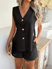 cheap Sets-Women&#039;s Active Basic Linen-Inspired Sets Two Piece Sets Vest Sleeveless V Neck Solid Color Casual Daily Black White Pink Summer Regular Fit