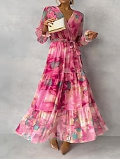 ieftine Rochii florale elegante-Pentru femei Rochie Lunga Rochie Maxi Rochii din Șifon Rochie A line Elegant Oficial Petrecere Invitat la nunta Zilnic Fit regulat Floral Manșon Lung În V Fucsia Vară
