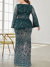 baratos AZUL-Vestido Plus Size Mãe da Noiva Vestido de Curvas Elegante Festa Decote em V Comprimento do Chão Spandex Manga Longa com Lantejoula 2025