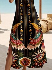 preiswerte Boho Kleider-Frauen Maxikleid Sommerkleid A-Linien Kleid Urlaub Lässig Urlaub Tägliche Regulär Passform Blumen Grafik Kurze Ärmel V-Ausschnitt Schwarz Frühling Herbst