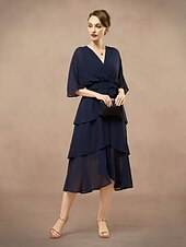cheap Cocktail Dress-A-Line Mother of the Bride Dress Wedding Guest Elegant V Neck Floor Length Chiffon Half Sleeve with Bow(s) Cascading Ruffles Solid Color 2025