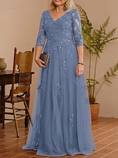 cheap Floor Length-A-Line Mother of the Bride Dress Wedding Guest Elegant V Neck Floor Length Lace Tulle 3/4 Length Sleeve with Beading Appliques 2025