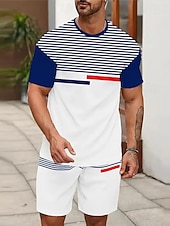 voordelige Bedrukte T-shirts voor heren-Voor heren Horizontale stroken 2 stuks T-shirts sets Zomer tops Korte mouw Korte broek Strakke ronde hals Sport Casual Buiten Vakantie Urheilu 3D-afdrukken Zomer Blauw Groen