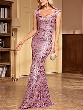 billige Aftenkjoler-Fisketail  Trompet Quinceañera Kjoler Elegant Kjole Bryllup Bryllupsgjester Gulvlengde Ermeløs V-Hals Polyester med Pynt