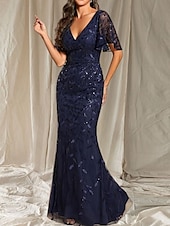 economico Lunghezza del pavimento-Sirena / Tromba Abito da cerimonia per signora Ospite di nozze Elegante Brillare &amp; Splendere Scollo a V Lunghezza al pavimento Raso Pizzo Manica Corta con Pizzo Fascia / Nastro 2025