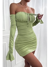 cheap White Graduation Dresses-Women&#039;s Mini Dress White Dress Graduation Dress Bodycon Elegant Fashion Birthday Graduation Date Regular Fit Plain Long Sleeve Off Shoulder Black White Light Green Wine Summer