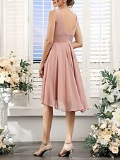cheap Bridesmaid Dresses-A-Line Bridesmaid Dress V Neck Sleeveless Elegant Knee Length Chiffon with Ruffles / Ruching 2025