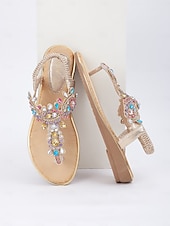 preiswerte Braut-Flache Sandalen mit goldenen Strasssteinen für Damen – elegante T-Riemen-Sandalen im Bohème-Stil für den Sommer, den Strandurlaub und Freizeitausflüge