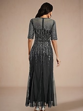 abordables Longueur du plancher-Robes d&#039;Invité de Mariage A-Line Élégante Robe Invité de Mariage Longueur de Sol Manches Mi-Longues Col Montant Dentelle Avec Sequins 2025