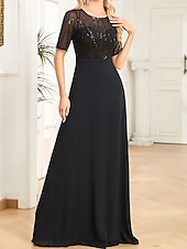 abordables Moins de 129,99 $-Robe pour mère de la mariée élégante robe de soirée décolleté rond longueur sol en chiffon spandex à manches courtes avec sequins