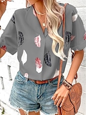 cheap Art&amp;Design Tops-Women&#039;s Shirt Feather Stylish Casual Short Sleeve Shirt Collar Regular Tops Daily Buttons Print Black White Pink Wine Blue Summer Spring