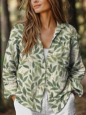 abordables Camisas-Camisa de mujer Blusa Floral Gráfica Estilosa Casual Linaza Como Manga Larga Cuello de Camisa Tops Regulares Diario Vacaciones Salir Botones Verde Claro Verde Caqui Verano Primavera
