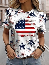 ieftine Ziua Independenței Top-Tricou Patriotic pentru Femei cu Grafic Steag Steag Casual Roșu Alb și Albastru cu Mâneci Scurte Guler Rotund Regulamentar pentru Imprintat Zilnic Roșu Vara