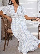 levne Umění a design šaty-Dámské maxi šaty A-line šaty vypasované a rozšířené šaty šaty s nadýchanými rukávy volnočasové dovolená denní běžné střih květinové krátký rukáv V výstřih bílé růžové fialové oranžové léto