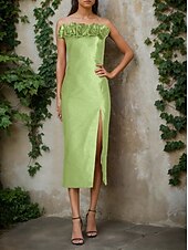 preiswerte Cocktailkleider-Säulen Cocktailkleider Elegantes Kleid Formelles Hochzeitskleid Tee Länge Ärmellos Off-Shoulder Rosa Kleid Satin mit Blume