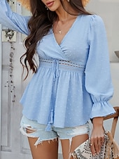 billige Kvinne Enkle Topper-Kvinners Bluse Boho Skjorte Enfarget Stilfull Avslappet Langermet V-Hals Vanlige Topper Daglig Lappverk Utskjæring Sort Hvit Blå Aprikos Sommer Vår