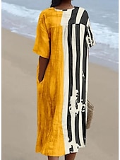 abordables Robes Rayés et Géométriques-Robe Midi Femme Robe de Plage Robe en A Robe en Lin Vacances Casual Plage lin comme Sortir Ajustement Lâche Graphique Géométrique À Manches Courtes Col en V Jaune Clair Jaune Foncé Jaune Été
