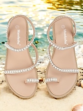 cheap Vacation Sandals-Women&#039;s Pearl Strappy Flat Sandals – Elegant Rhinestone Beach Sandals for Summer, Weddings, and Casual Outings