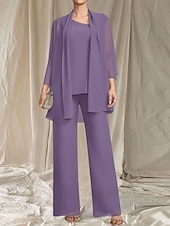 preiswerte Bodenlänge-Jumpsuit  Hosenanzug 3-teilig Kleid der Mutter der Braut Hochzeitsgast Elegantes gewelltes Dekolleté bodenlang Chiffon 3/4-lange Ärmel mit Perlen