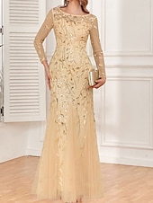 preiswerte Unter 129,99 $-Kleid Mutter der Braut Kleid Elegant Party Rundhalsausschnitt Bodendland Polyester Langarm mit Stickerei 2025
