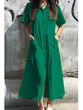 abordables concevoir des robes en coton et lin-Femmes Robe Midi Robes inspirées du lin Robe en coton et lin Mode Classique Vacances Sortir Week-end Coupe régulière Uni Manche Courte Col de chemise Rose Claire Jaune Vert Bleu clair Été