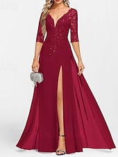 preiswerte Bodenlänge-A-Linie Brautmutterkleid Hochzeitsgast Elegant V Ausschnitt Bodenlang Chiffon Halbarm mit Applikationen Geteilter Vorderteil 2025