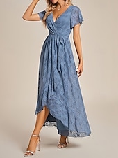 baratos Vestidos para Madrinhas-vestido de madrinha linha a decote em v manga curta elegante renda assimétrica com pregas / franzido 2025