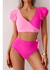 preiswerte Bikini-Sets-Damen Badeanzug Bikini Bademode Hoch tailliert Tropisch Strandbekleidung Farbblock V-förmiger Draht-Ausschnitt Ärmellos Badeanzüge