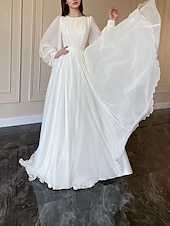preiswerte Weiße Freizeitkleider-Erntedank Damen Normal kleid lang Weißes Kleid Chiffon-Kleid Schaukelkleid Elegant Ausgefallene Laternenärmel kleid hochzeitsgast Geburtstag Regular Fit Feste Farbe Langarm Rundhalsausschnitt Weiß