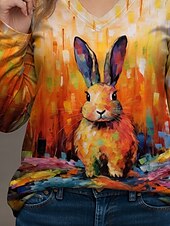 tanie Koszulka ze zwierzętami-Wielkanoc Damskie Bluzka Ombre Graficzny Zwierzę Nowoczesny Codzienny Długi rękaw W serek Zwykłe topy Codzienny Nadruk Pomarańczowy Lato Wiosna