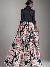 abordables Longueur du plancher-Robe mère de la mariée trapèze, imprimé floral, nœud élégant, plis, longueur au sol, col chemise, satin, manches 3/4 avec boutons, printemps été 2025