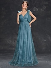 economico VERDE-Abito da sera a linea A abito scintillante formale per matrimonio lunghezza fino a terra senza maniche scollo a V tulle con glitter