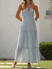abordables Robes de vacances-Femmes Robe Midi Robe de remise des diplômes Mode Extérieur Date Sortir Coupe régulière Uni Sans manches Bretelles spaghetti Bleu Vert Été