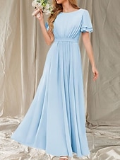 baratos Vestidos para Madrinhas-Vestido de dama de honra em linha A, gola redonda, manga curta, elegante, comprimento até o chão, chiffon com faixa / fita / franzido 2025