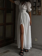 economico Abiti casual bianchi-Per donna Abito Midi Abito Bianco Moda Moderno Compleanno Ferie Laurea Vestibilità regolare Semplice Manica Corta Scollo a V Nero Bianco Estate