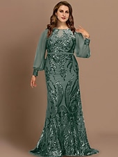 olcso Padlóhossz-Hableány plus size hajlékony menyasszonyi anyák ruhái elegáns ruha formális esküvői vendég söprés  ecset vonal hosszú ujjú ékszer nyakú sifon flitterekkel egyedi méretben