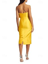 abordables Robes de cocktail-Robe cocktail fourreau  colonne robe invitée de mariage robe formelle de mariage longueur thé sans manches décolleté en V robe jaune satin avec nœud(s)